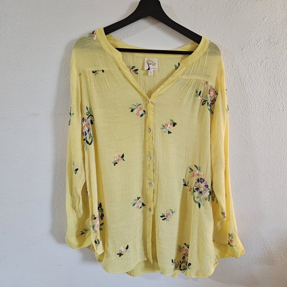 Fig and Flower Yellow Embroidered Button Down Blouse | Plus Size 1X